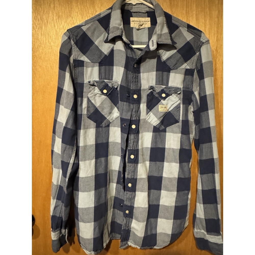 Denim & Supply Ralph Lauren Med Blue Plaid Flannel Shirt Western Snap Pearl (Z1)